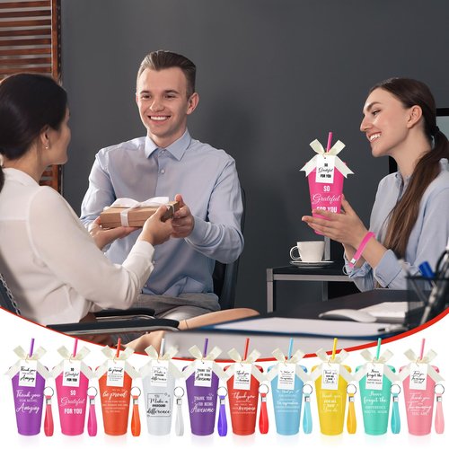 Tioncy 50 Sets Group Appreciation Gifts 24oz Plastic Appreciation Tumblers with Lids Straws Keychains Cards Thank You Cups for Office Employee Staff Teacher Team-building Graduation Gifts(Fresh)