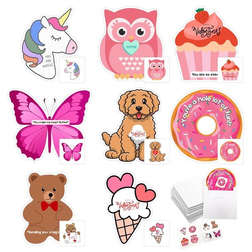 4E's Novelty 48 Pack Valentines Day Cards with Temporary Tattoos - 8 Designs, Bulk Valentine Cards for Kids Classroom Exchange Gifts for Kids School, Valentines Party Favors for Girls Boys