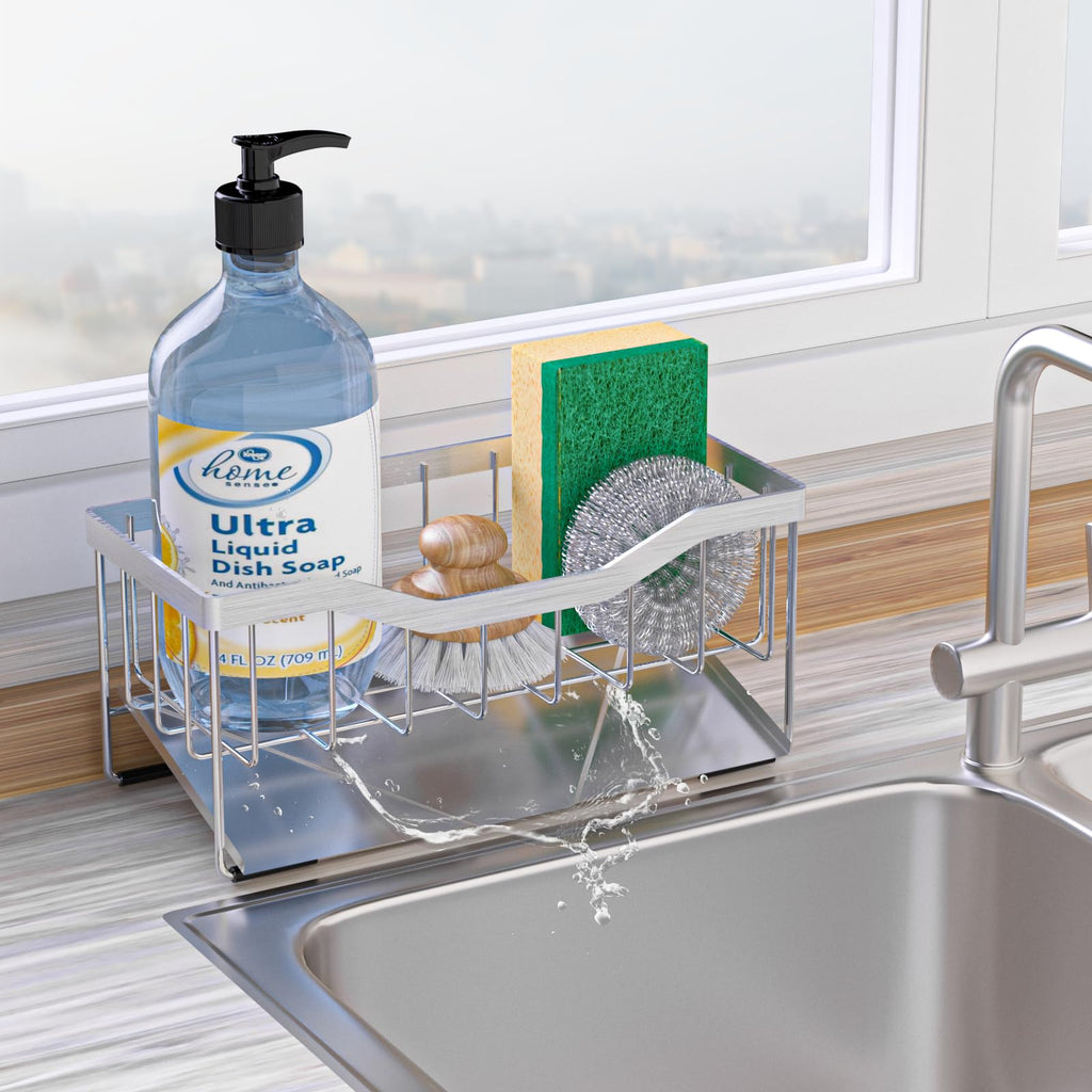 Vanwood Sponge Holder for Kitchen Sink with Auto Draining Tray, Sink Caddy Kitchen Sink Cocina Organizer, Self Drain Dish Soap Sponge Caddy for Counter (304 Sus Stainless Steel)