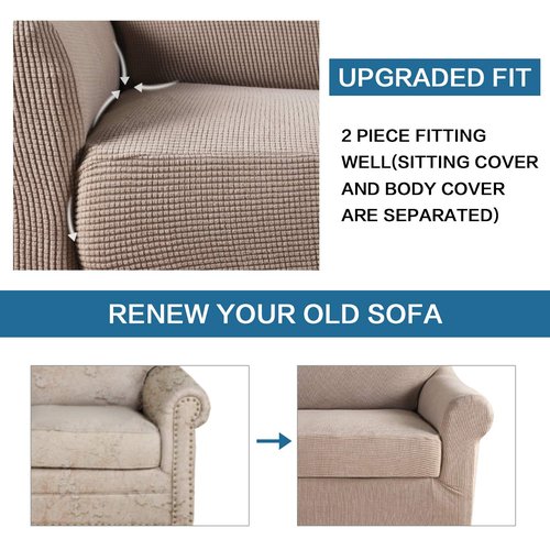 H.VERSAILTEX 2 Pieces Loveseat Covers Fit Lovesat Width Up to 70 Inch Furniture Cover/Protector, Jacquard Spandex Stretch Loveseat Slipcovers Suit for T Cushion/Box Cushion (Loveseat, Sand)