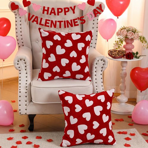 Frienda Valentine's Day Chenille Pillow Covers 18 x 18 Inch Set of 2, Valentine Red and White Hearts Pattern Decorative Throw Pillow Cases for Couch Sofa Bedroom Valentines Holiday Festival Home Decor