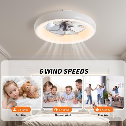 CxiFzer 19‘’Ceiling Fan with Light Memory and Remote,Low Profile Flush Mount Memory,5 Blades 6 Speeds, Dimmable LED, Quiet DC Motor, for Bedroom, Living Room, White