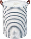 DOKEHOM Laundry Basket - 20-Inch Freestanding Hamper with Lid & Drawstring - Large Blue Stripe Design