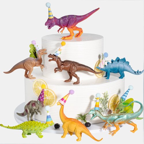 18 Pcs Dinosaur Birthday Party Decorations, Dinosaur Cake Toppers Mini Birthday Hat Animal Figure Model Cake Decoration with Mini Hat for Themed Birthday Party