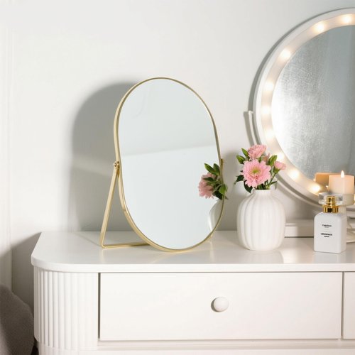 Feyarl Desk Vanity Mirror Gold Oval 12x8 Inch Tabletop Makeup Mirror Decorative Standing Cosmetic Table Mirror for Bedroom Bathroom Desk Dresser