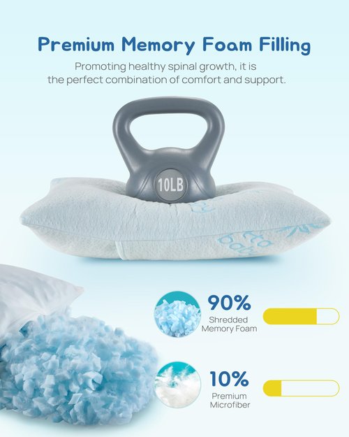 ATTABABY Toddler Pillow, Adjustable Memory Foam Pillow for Toddler 2 Years & Above, Two Washable No Zipper Pillowcase Included, 13” x 18” Mini Size for Kid Sleeping, Napping or Traveling, Blue