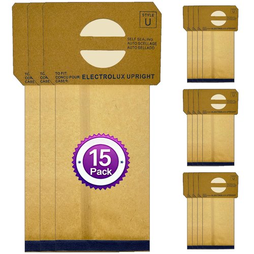15 Pack Replacement Style U Bags Compatible with Electrolux Type U Upright Vacuums & Aerus Vacuums Fits ProTeam Prolux, Discovery II, Lux 4000, Ultralux, Genesis, Prolux, Epic 2500, 3500, 4000, 6000