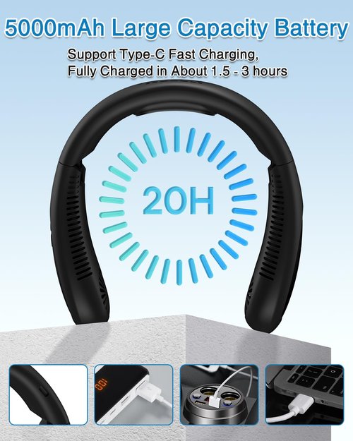 GAITIR Neck Air Conditioner, Portable Neck Fan with Cooling Plate 360°Cooling Airflow, 5000mah Rechargeable USB Fan Hands Free Bladeless Wearable Foldable Mini Fan for Men Women Home Office Outdoor