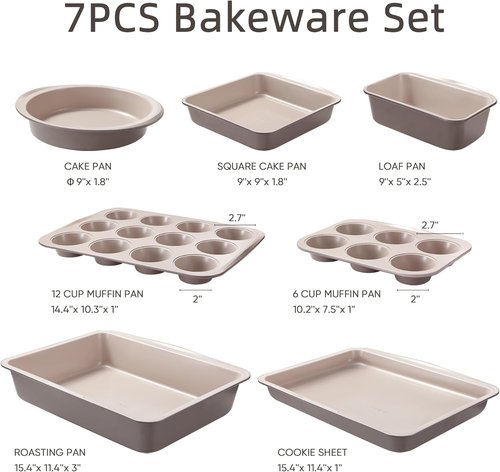 CAROTE 7-Piece Nonstick Bakeware Set - Stackable Baking Pans Including Cookie Sheets, Muffin Pan, & More | Gray & Khaki