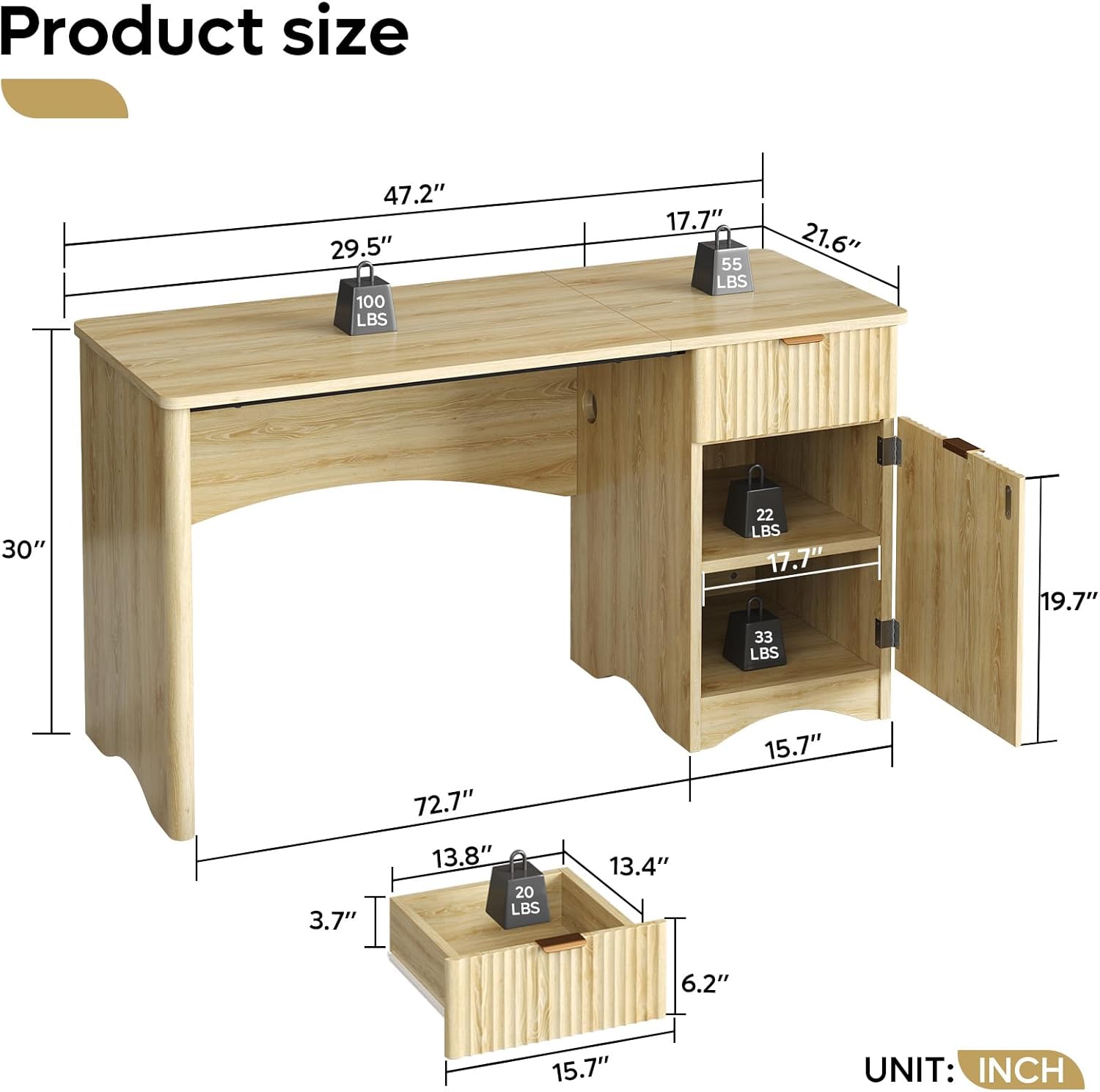 Bestier 47-Inch Fluted Computer Desk - Modern Wood Office Desk with Drawer & Storage Cabinet in Natural Oak