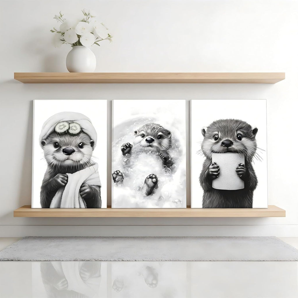 Skiennix Cute Otter Canvas Wall Art - Funny Black and White Bathroom Decor | 3-Piece Set