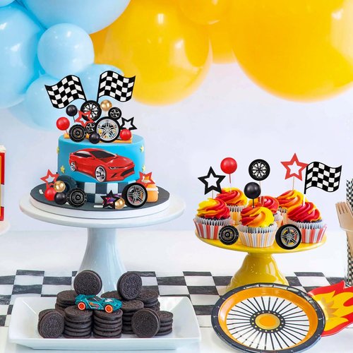 MEMOVAN Racing Wheel Cake Topper 27PCS Race Car Cake Toppers Tyre Cake Decorations Checkered Flag Car Cake Cupcake Decoration for Man Boy Kid Racing Car Theme Birthday Supplies