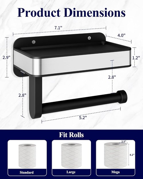 Kitsure Toilet Paper Holder - Matte Black Wall-Mount Storage with Shelf | Space-Saving Design, 7.1" W