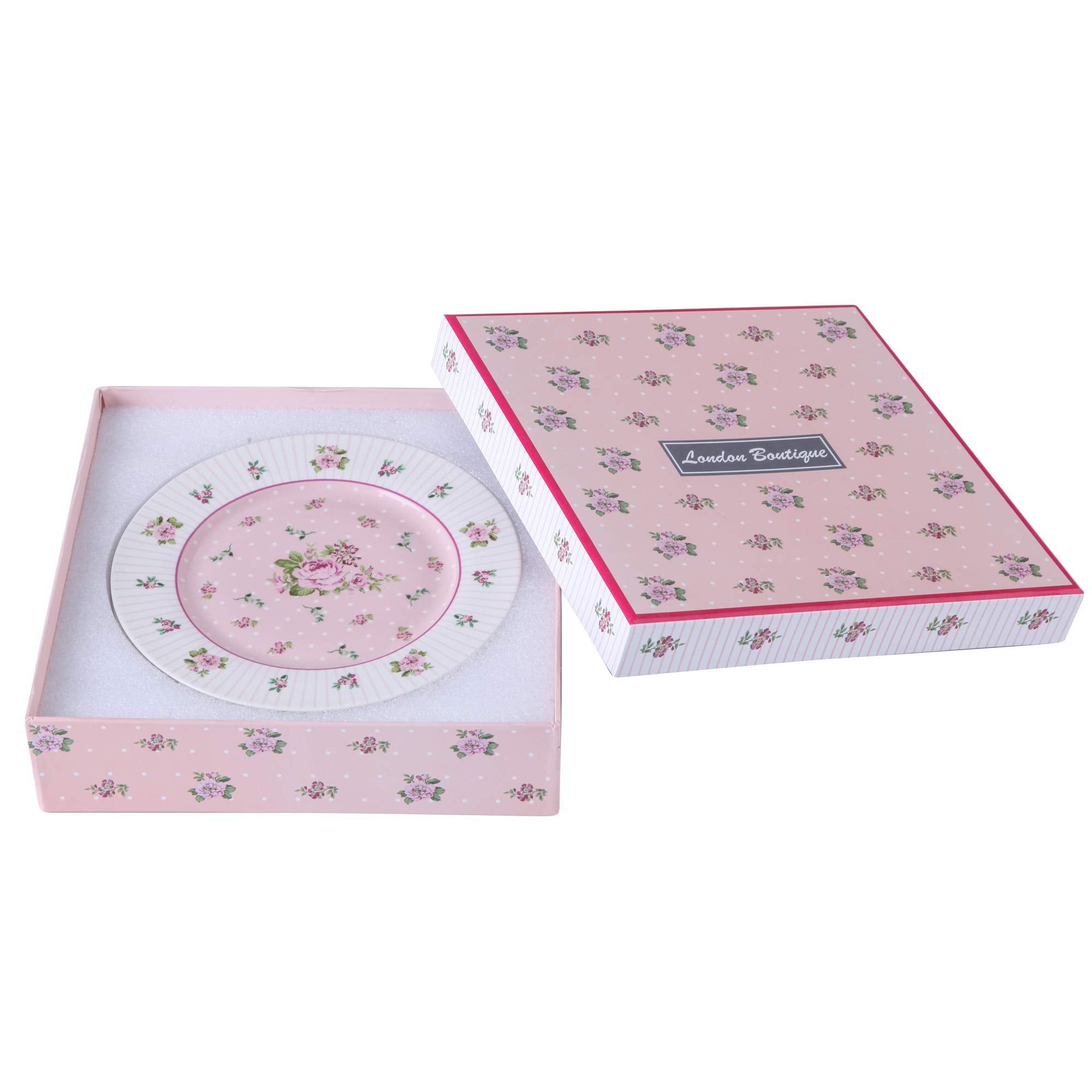 London Boutique Cake Plate Set 4 Porcelain Fine China Wide Rimmed Shabby Chic (Rose Pink)