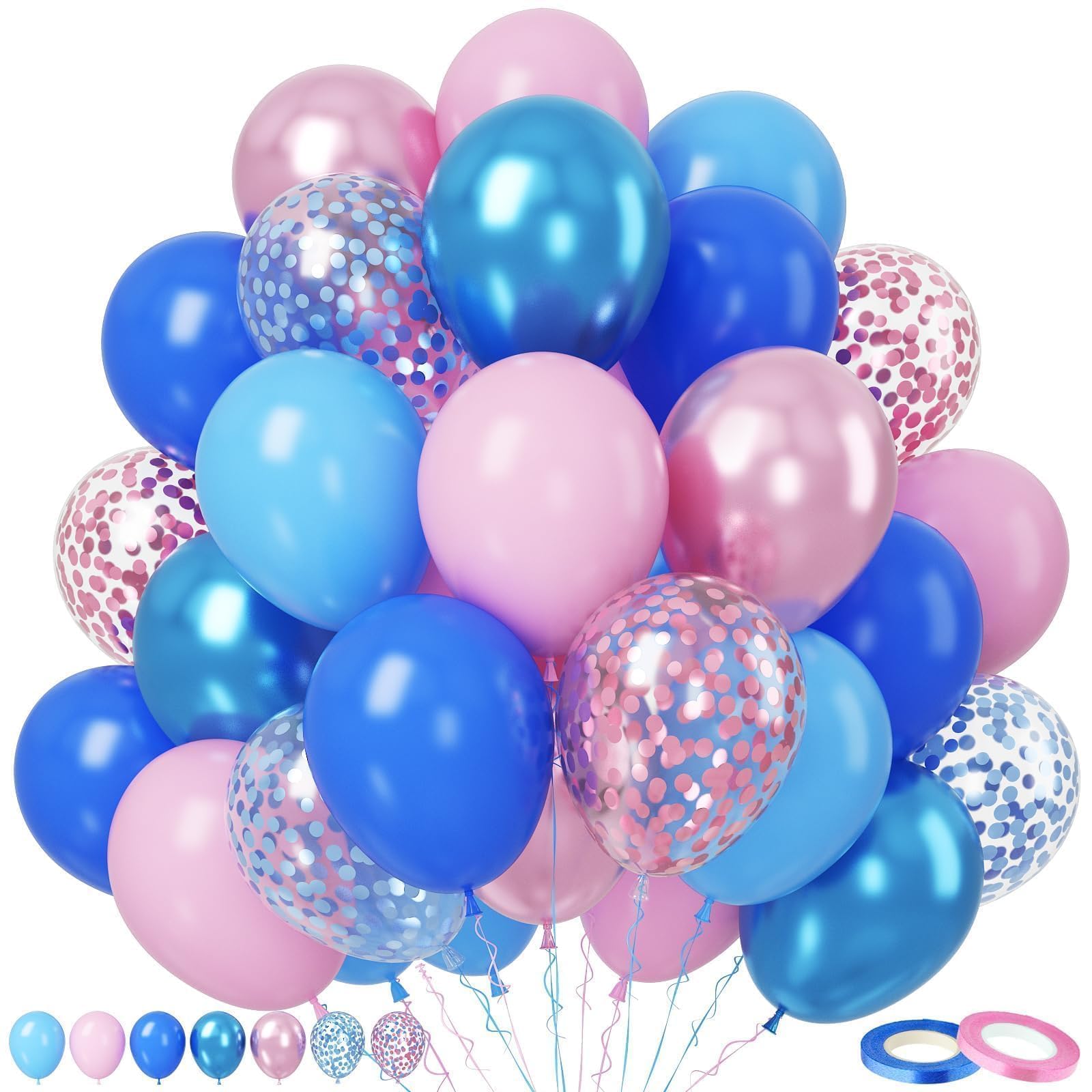 Paready Pink and Blue Balloon Set, 50Pcs Metallic Blue Pink Balloons, 12 Inch Pastel Confetti Royal Balloons for Kids Cartoon Baby Shower Gender Reveal Birthday Party Decorations