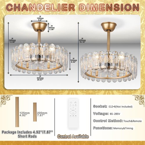 Finktonglan 20 Inch Gold Caged Ceiling Fan with Light, Crystal Chandelier Ceiling Fan with Lights Remote Control, Modern Crystal Fandelier 6 Speeds for Dining Room, Living Room