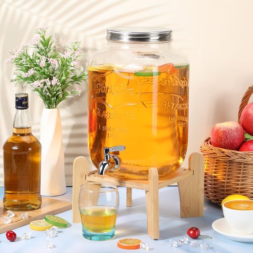 Sliner 2 Pack 2 Gallon Glass Drink Dispenser with Natural Bamboo Stand Glass Beverage Dispenser Water Juice Drink Containers for Parties with Stainless Steel Spigot Hanging Chalkboard