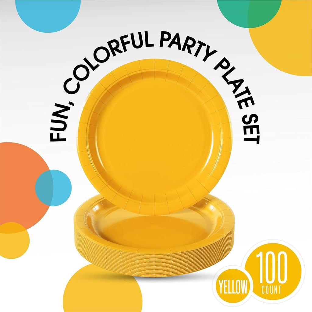 Skiennix Heavy-Duty Yellow Paper Plates - 9 Inch Disposable Party Plates | 100 Pcs, 350 GSM Quality