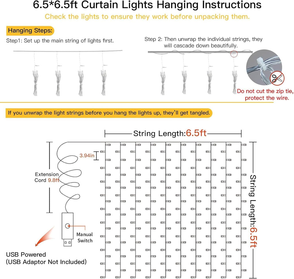 Suddus Curtain Lights - 200 LED Fairy String Lights for Indoor/Outdoor Decor | Warm White