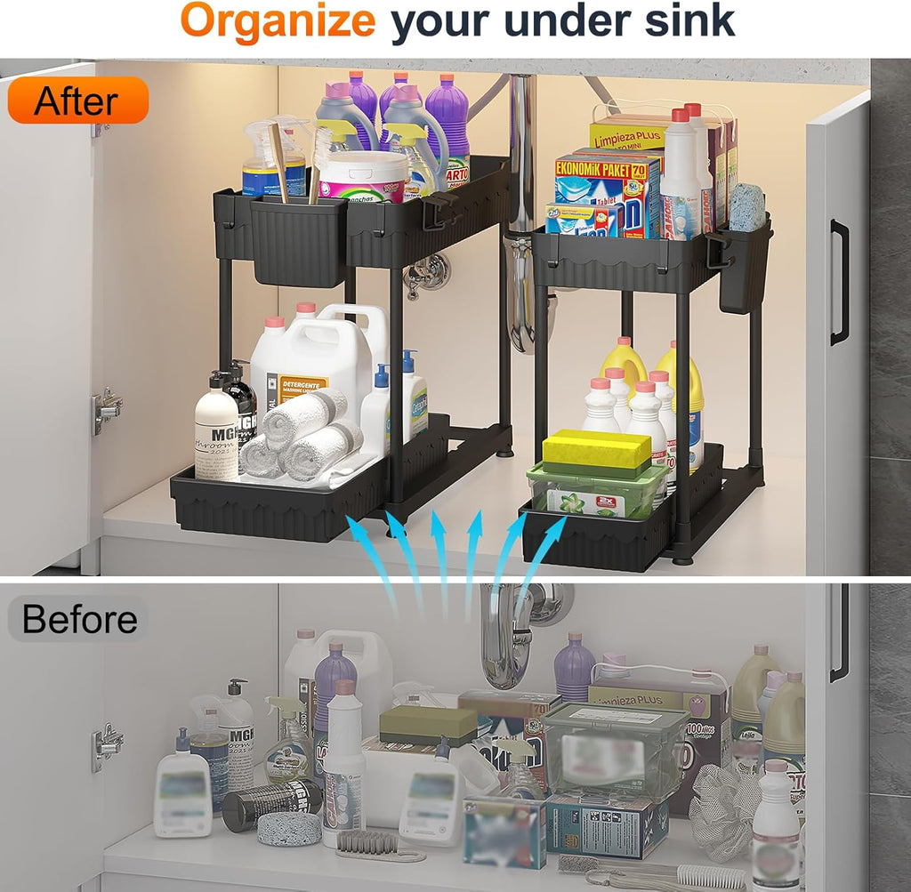 Sevenblue Under Sink Organizer - 2 Tier Multi-Use Pull Out Cabinet Storage with Hooks & Cups | Black, 4 Pack