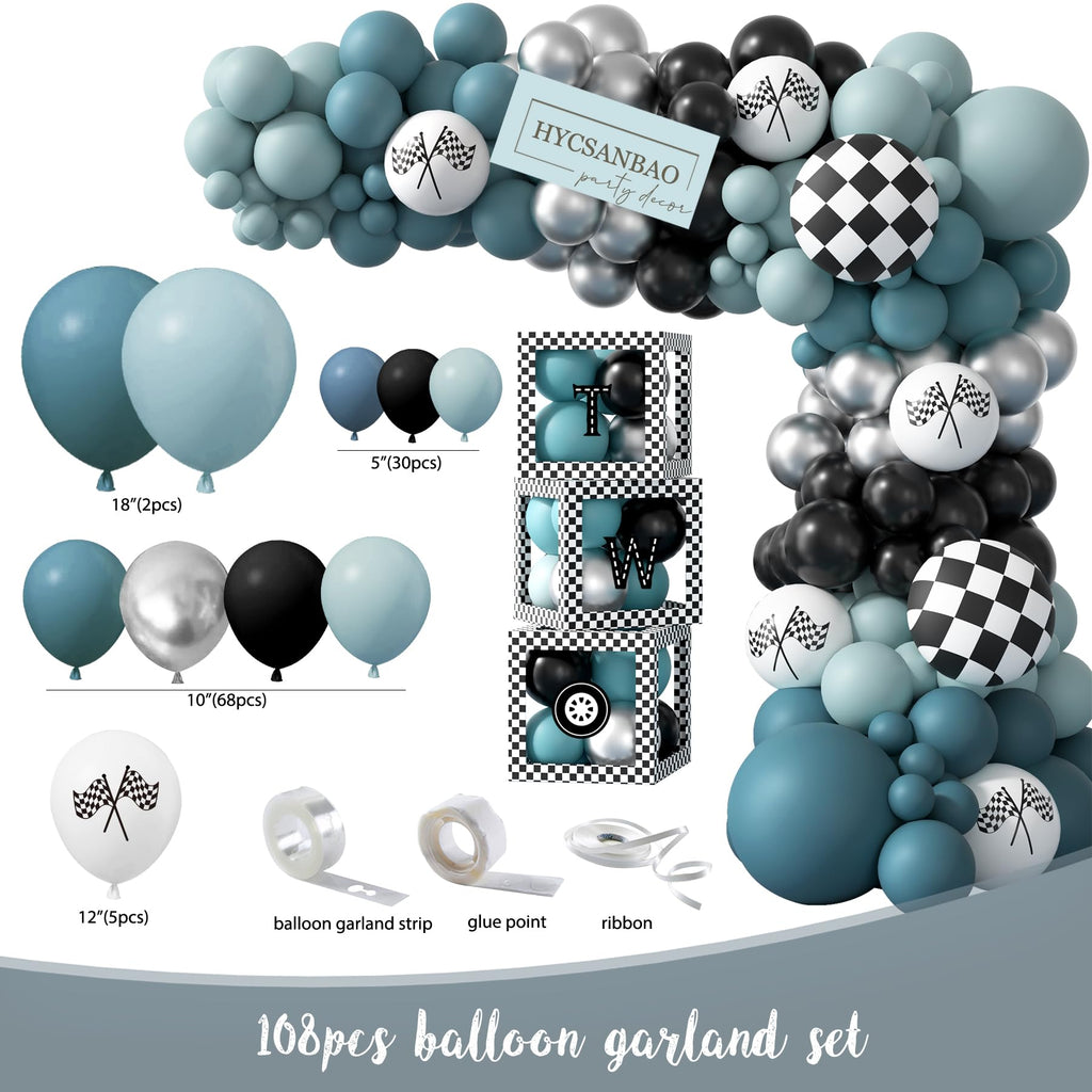 Two Fast Birthday Decorations, 2nd Birthday Decoration for Boys, Race Car Party Supplies for 2 Year Old with Balloon Garland Backdrop Tablecloth Box Crown Cake Topper