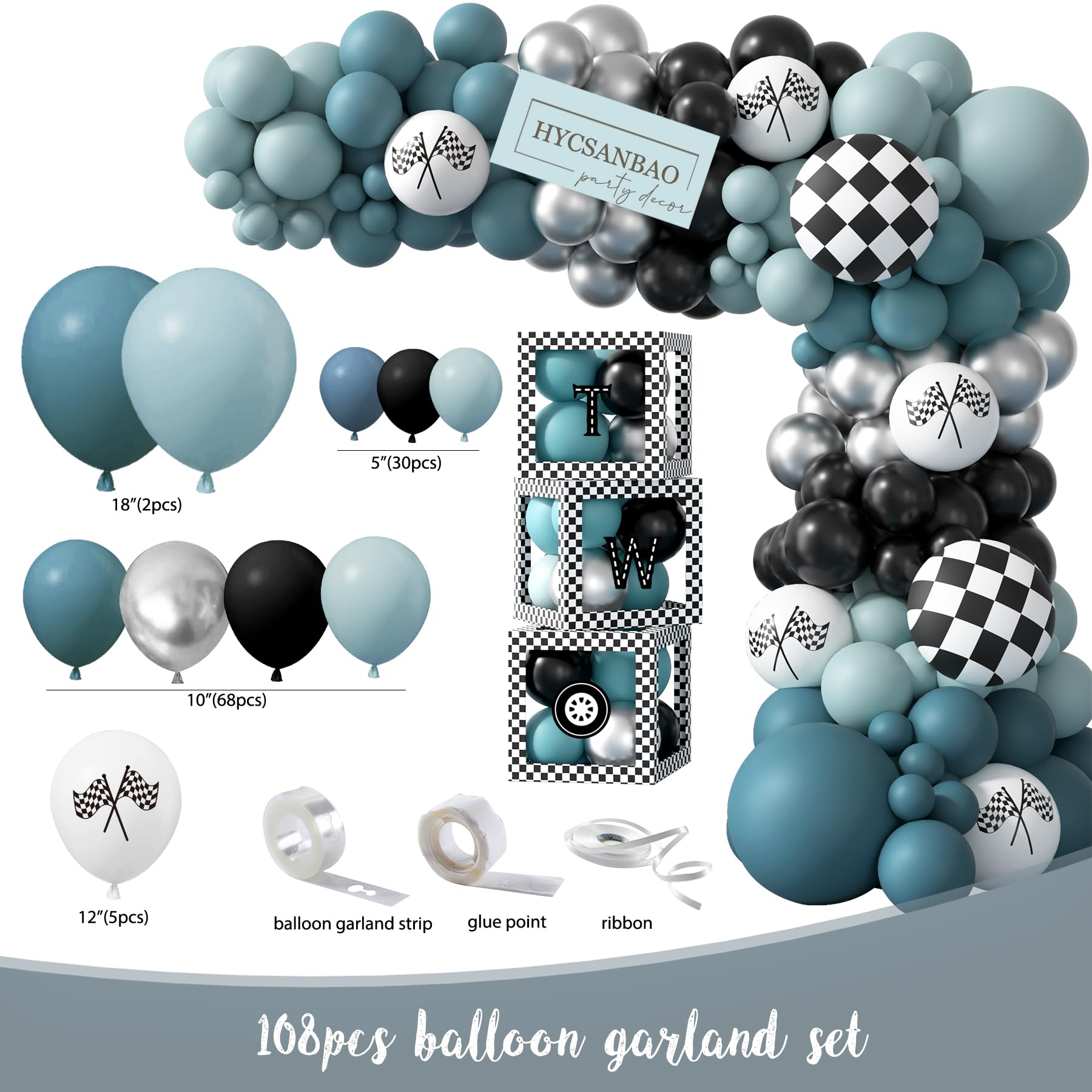 Two Fast Birthday Decorations, 2nd Birthday Decoration for Boys, Race Car Party Supplies for 2 Year Old with Balloon Garland Backdrop Tablecloth Box Crown Cake Topper