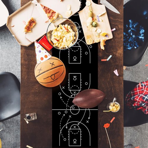 Remagr 2 Pcs Basketball Table Runner Black Tactical Instruction Printed Basketball Birthday Party Decoration Sport Ball Themed Tablecloth Party Supplies for Table Kitchen Dining Room Home Island Decor