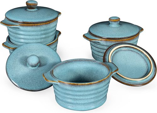 Creme Brulee Ramekins Set of 4 - 8 oz Oven Safe Bowls with Lids for Souffle & Pot Pie Baking | Reactive Blue
