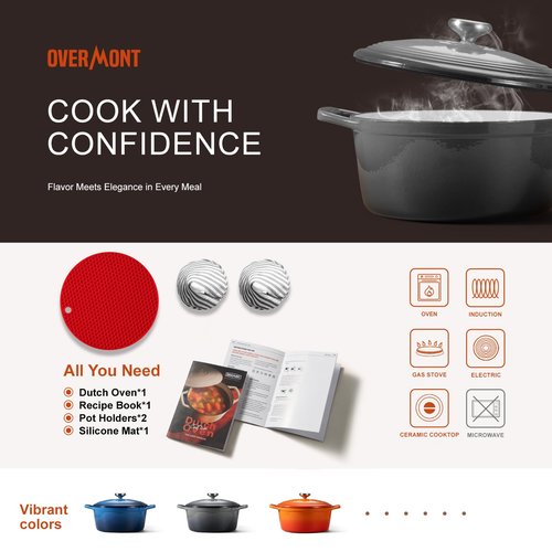 Overmont Enameled Cast Iron Dutch Oven - 5.5QT Pot with Lid Cookbook & Cotton Potholders - Heavy-Duty Cookware for Braising, Stews, Roasting, Bread Baking Grey