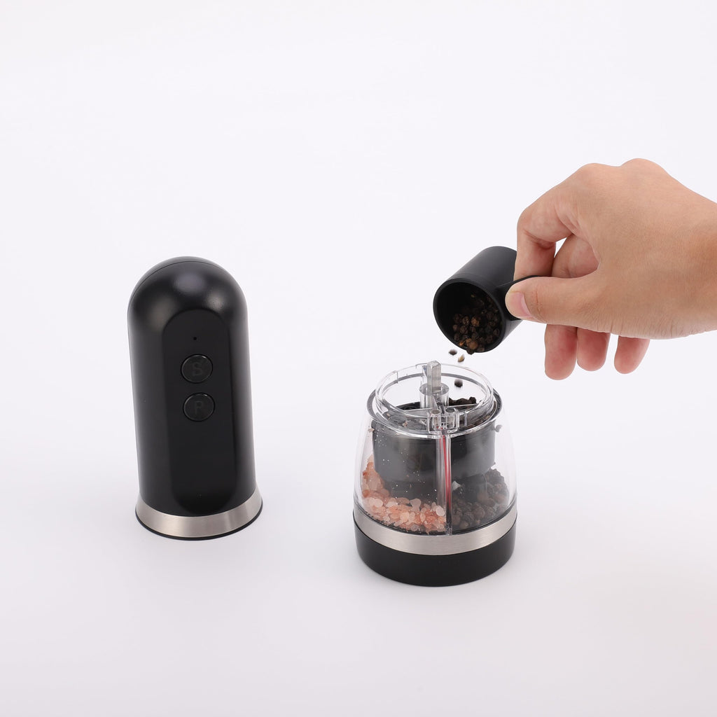 Electric Salt and Pepper Grinder 2-in-1, USB Rechargeable, Adjustable Ceramic Coarseness, LED Light, One-Handed Operation, Refillable, Black