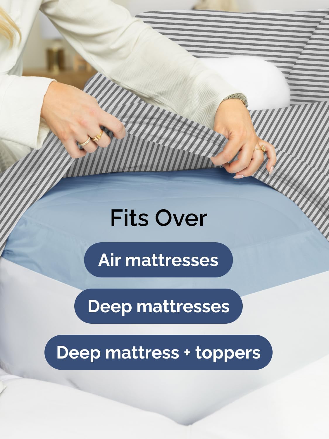 Skiennix Extra Deep Split King Sheet Set - 7 Piece Cooling Bedding - Soft, Wrinkle-Free, Grey Stripes