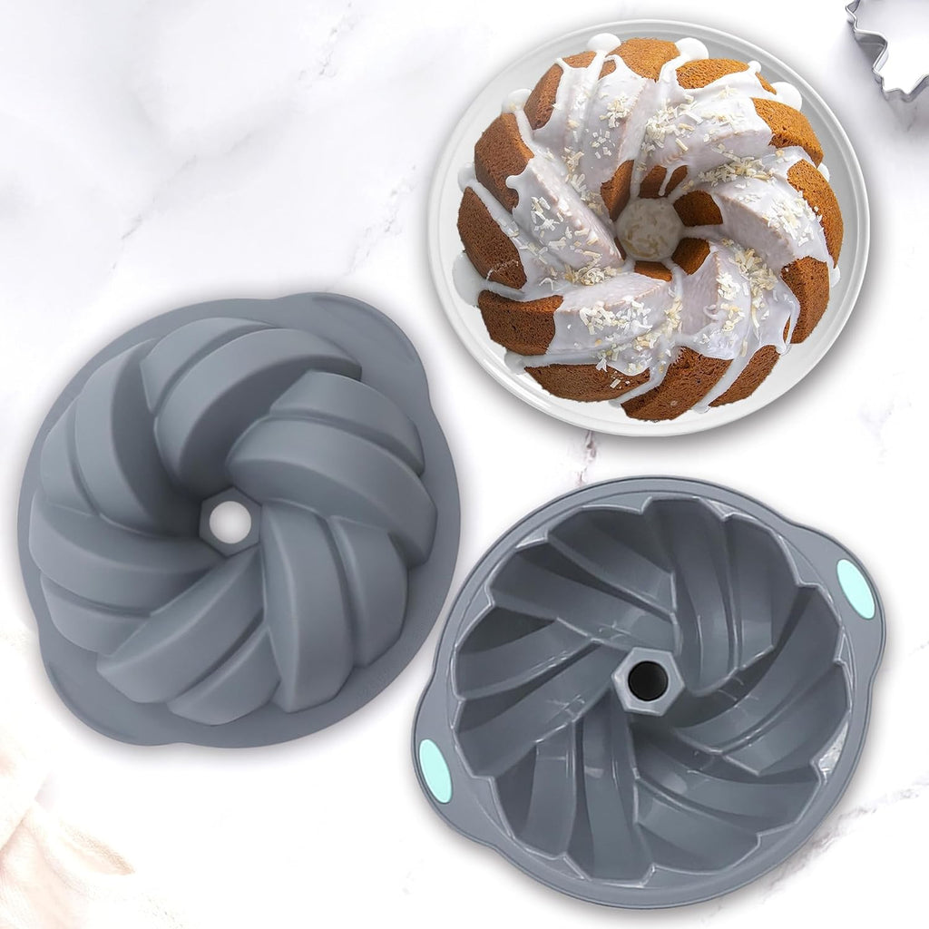 Tongjude Silicone Fluted Cake Pans - Non-Stick 4-Piece Set for Baking Cakes & Jello | 6/7/8 Cups, Grey