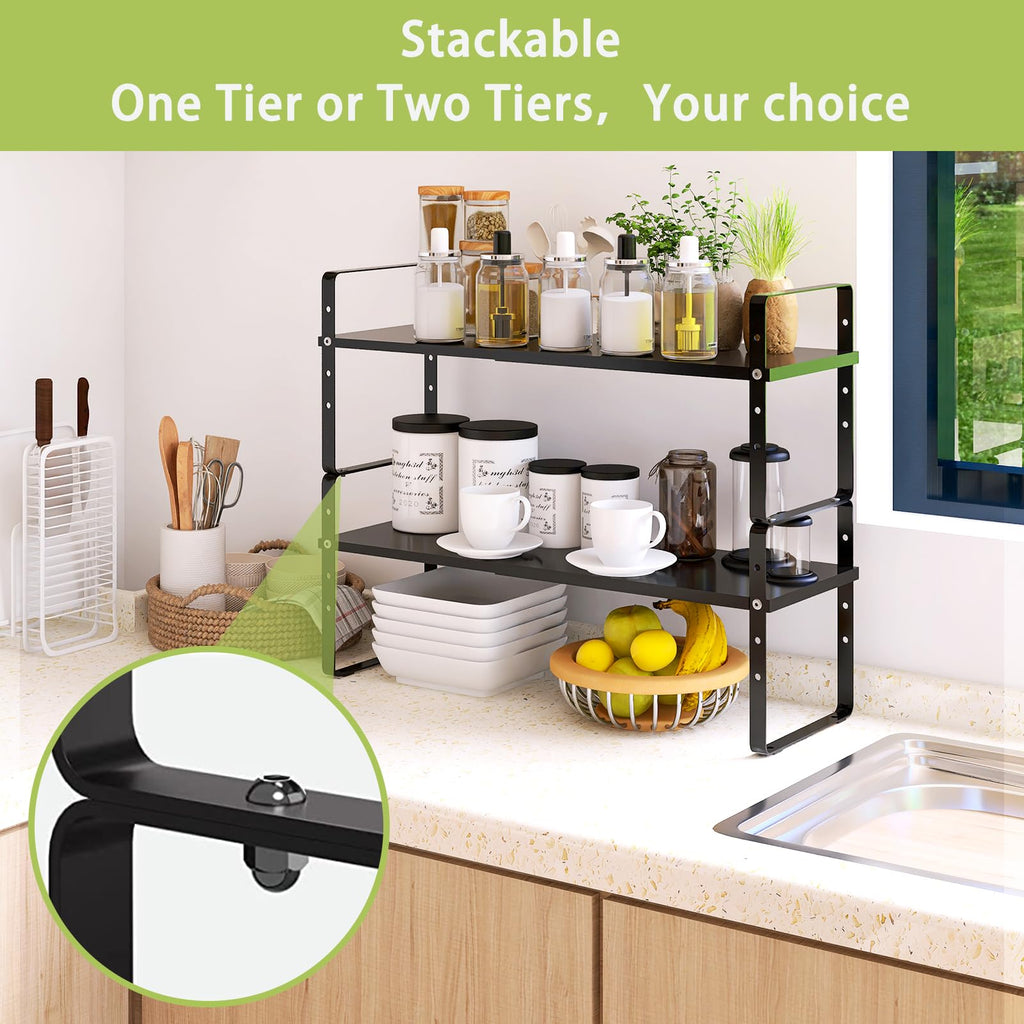 Across-Star Expandable Cabinet Shelf Organizer Rack, Stackable Kitchen Counter Storage Shelves Stand, Adjustable Height Pantry Shelf Spice Rack (Black, 1 Pack)
