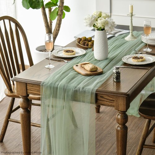 Artoid Mode Sage Green Gauze Table Runner - 120 Inch | Sheer Decor for Weddings & Parties
