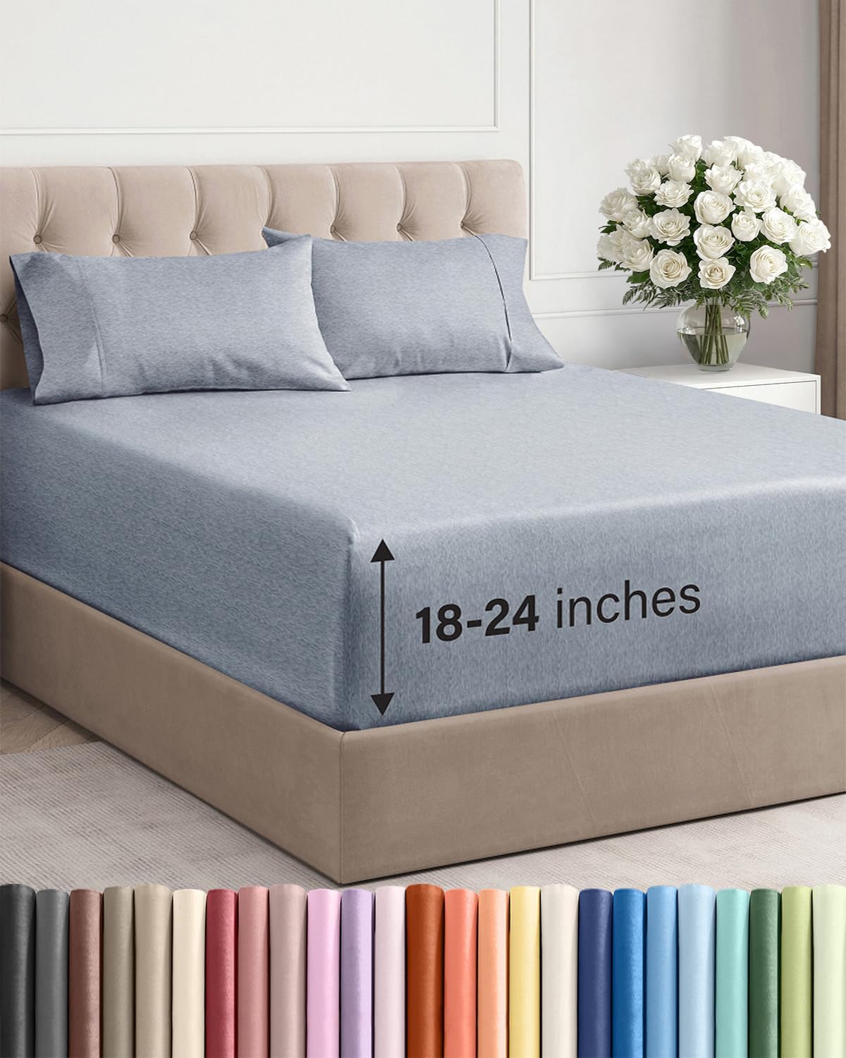 Skiennix Extra Deep Twin XL Sheet Set | 4-Piece Breathable Cooling Bedding - Soft, Wrinkle-Free, Easy Fit - Heathered Blue