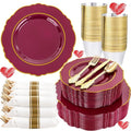 Liacere 350PCS Red Plastic Plates-Disposable Burgundy Red and Gold Plates 50guest Baroque Plastic Dinnerware include 100Plates, 50Pack Pre Rolled Napkins with Silverware 50Cups for Christmas