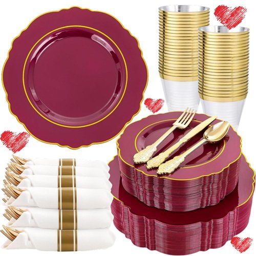 Liacere 350PCS Red Plastic Plates-Disposable Burgundy Red and Gold Plates 50guest Baroque Plastic Dinnerware include 100Plates, 50Pack Pre Rolled Napkins with Silverware 50Cups for Christmas