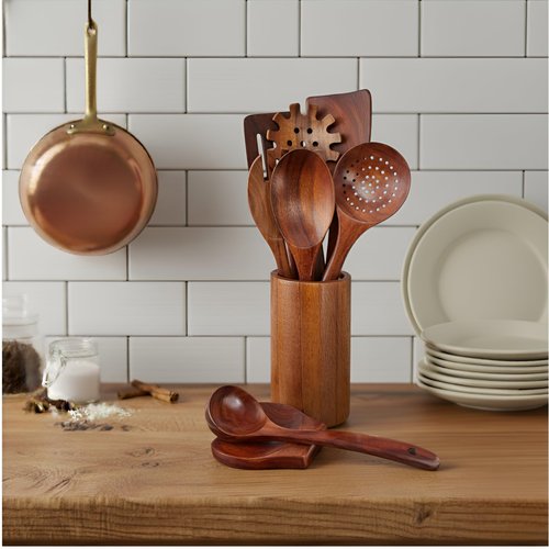 Wooden Utensil Set 9 PCS Hand-Crafted, Heat-Resistant, Non-Scratch & Easy-to-Clean Natural Teak Wooden Kitchen Tools with Spatula, Slotted Spatula, Spoons, Ladle, Pasta Server, Salad Fork, Holder Set