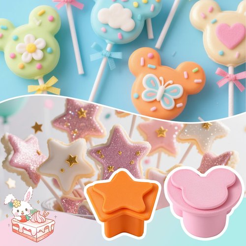 MITCHENIFY Mouse Star Shaped Cake Pop Cutter and Pusher, 3D Printed Cake Pop Molds Shapes Press Set, Baking Molds for Home Baking, Kids Cooking, Birthday Parties, Wedding Desserts