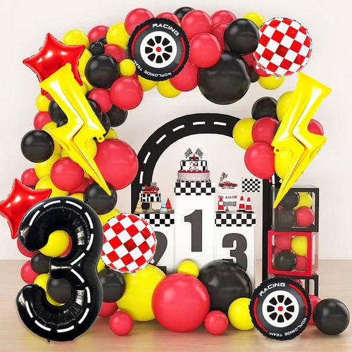 Cartoon Race Car Birthday Party Decorations Large Lightning Bolt Foil Balloons Race Car Balloons 40 Inch Racetrack Number 3 Balloon for Boys 3rd Cars Themed Birthday Party Decor Supplies