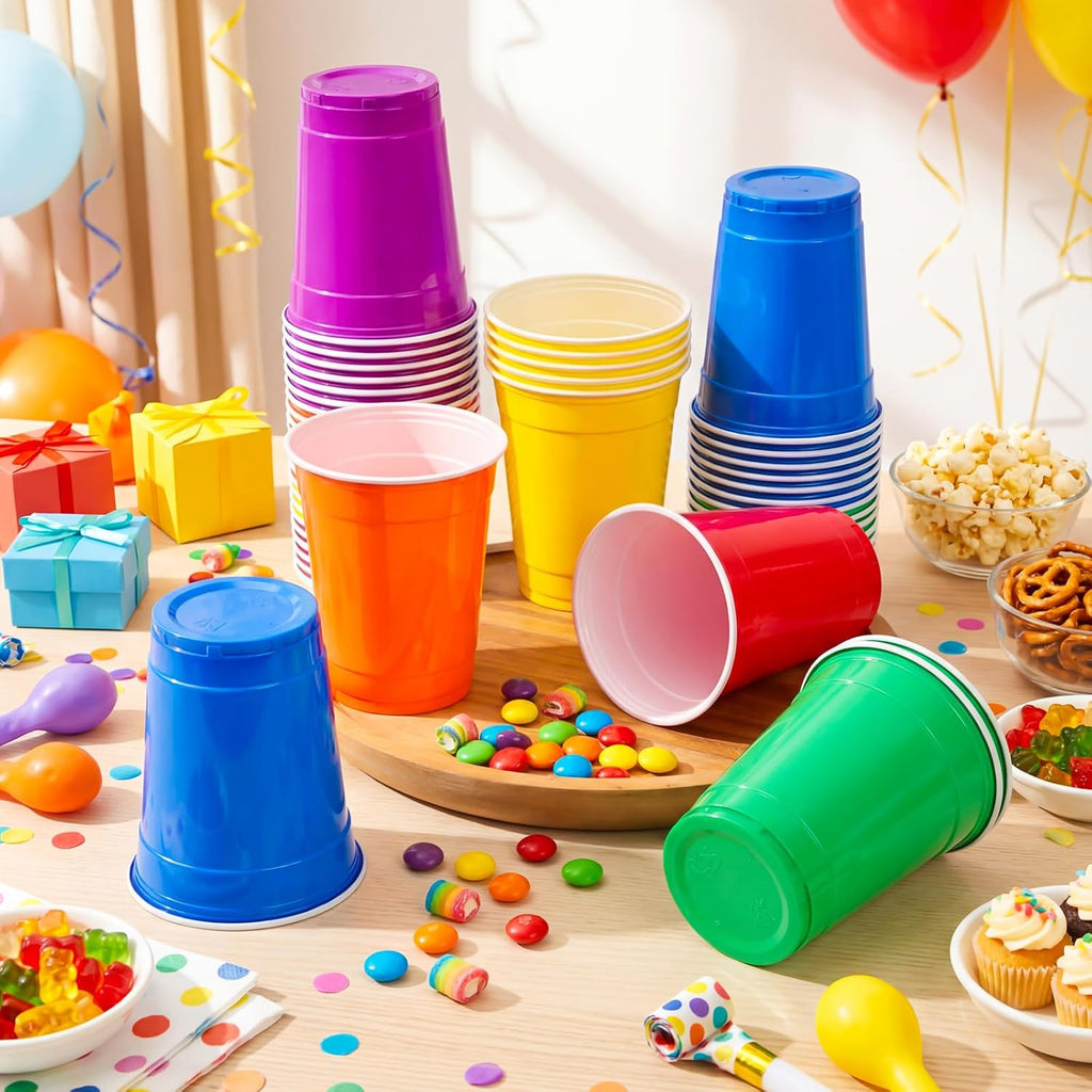 Qinyoung 100 Pcs Rainbow Plastic Cups - 12 oz Disposable Drinking Cups for Parties & Celebrations