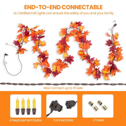 Brillarlights Thanksgiving Decorations for Home Lighted Garland with Lights, 11FT Thanksgiving Lighted Garland Plug in Fall Leaf, 50 Orange Bulbs Fall Garland for Mantle with Lights