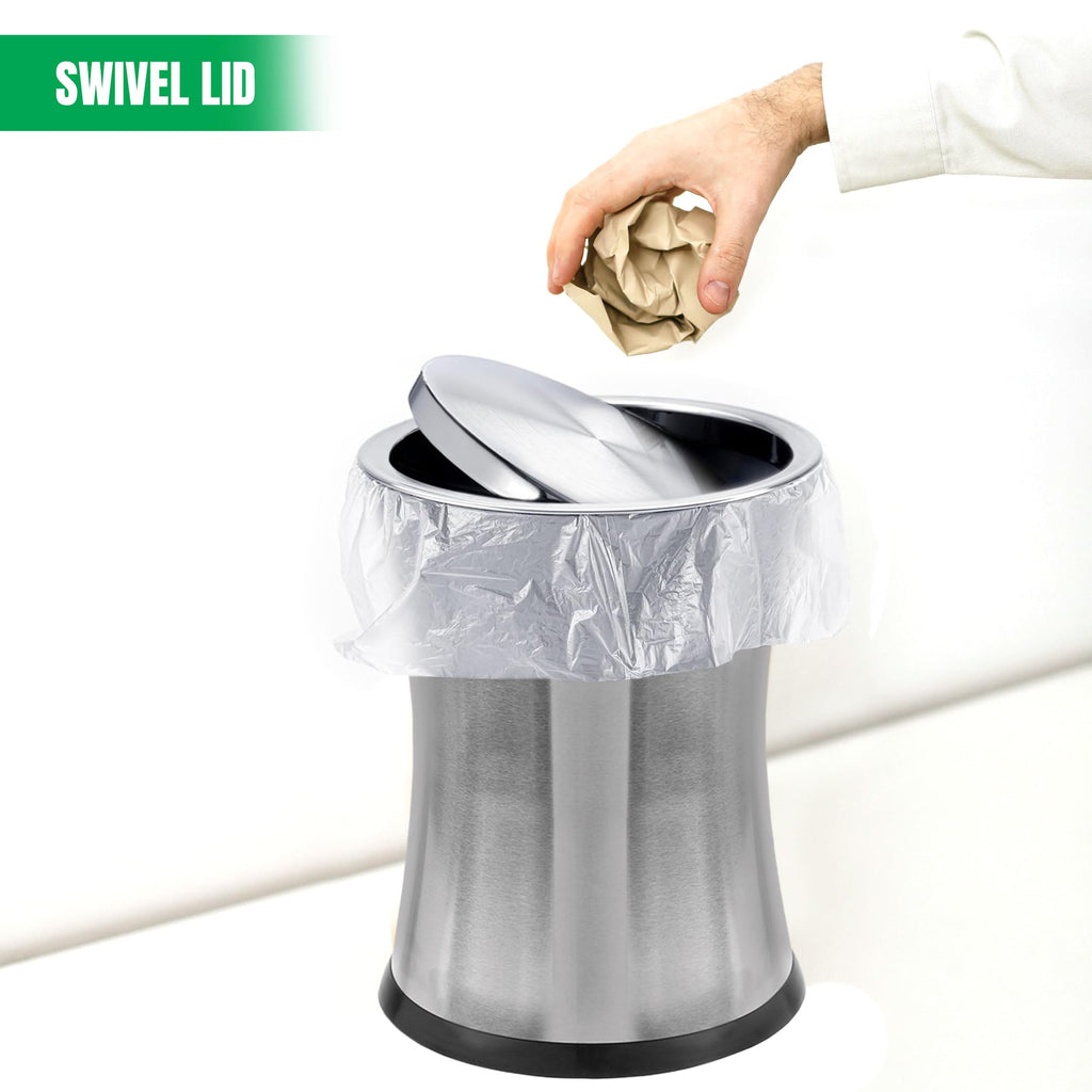 Bennett Swivel-A-Lid Small Trash Can, Stainless Steel Attractive 'Center-Inset' Designed Wastebasket, Modern Home Décor, Round Shape (Silver)