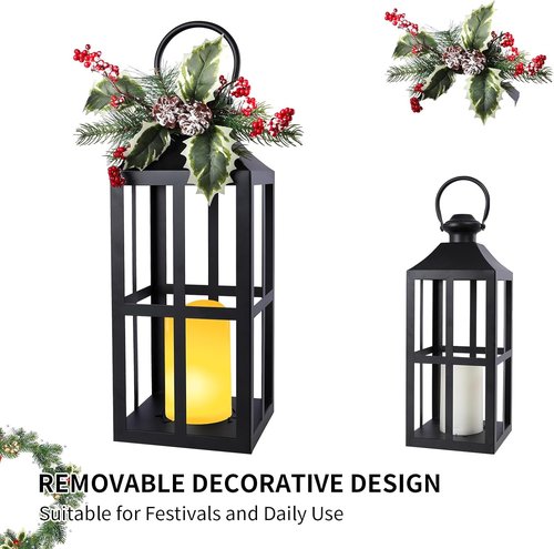 Bdor Christmas Lantern Decoration - 2 Pack with LED Flameless Candle, Pinecones & Holly Berries | Holiday Tabletop & Porch Decor