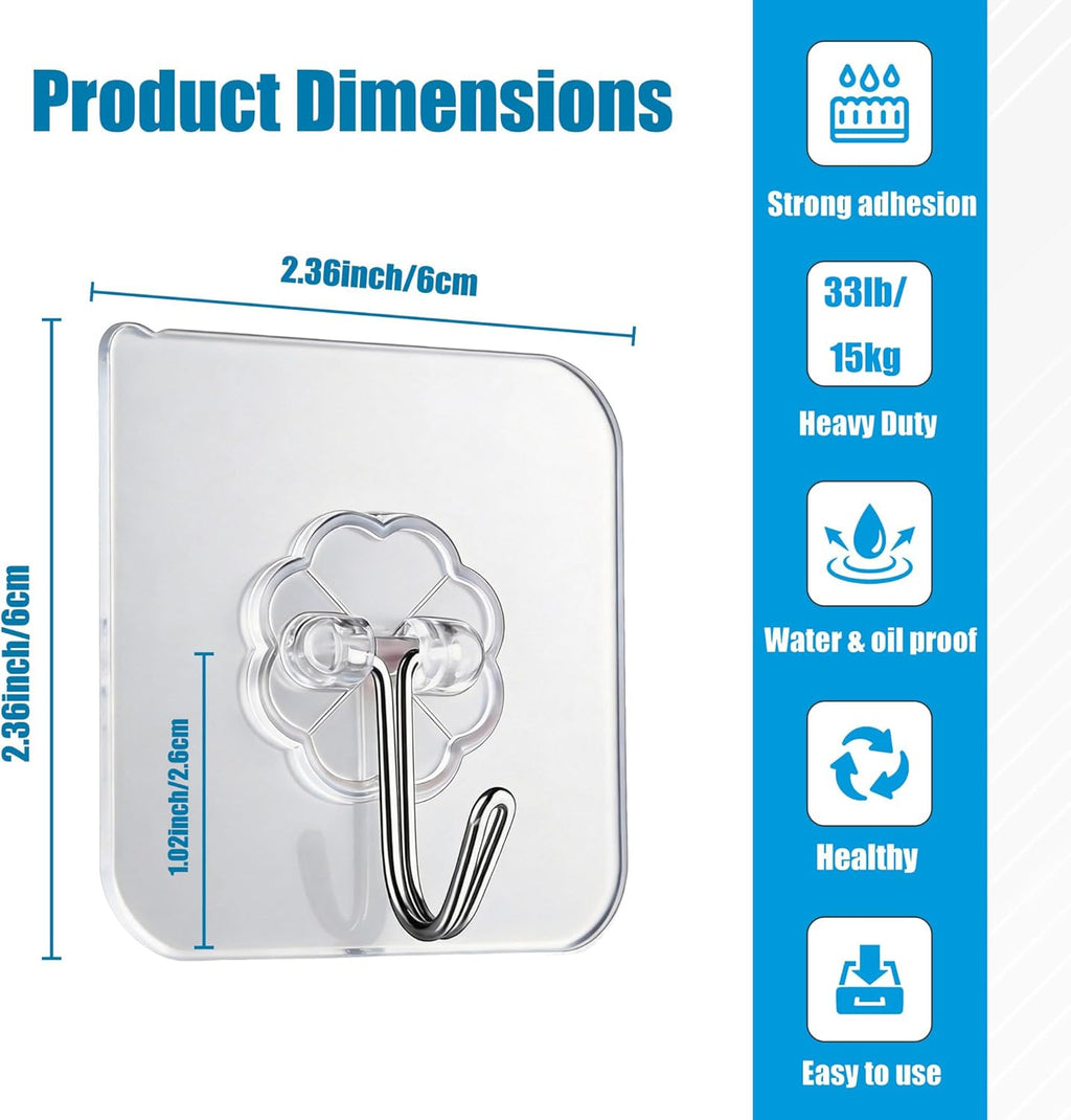 Skiennix Heavy Duty Self-Adhesive Wall Hooks - 33lb Max Capacity | Waterproof & Oilproof, No Drilling, 10 Pack