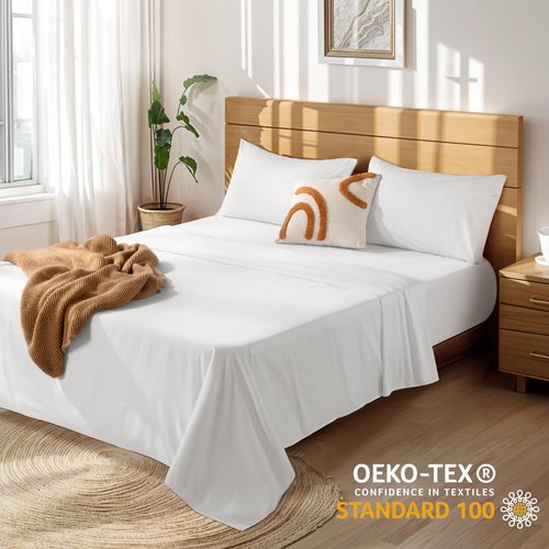 LBRO2M 100% Cotton Sheets Set Deep Pocket Up to 18"-24", 1000 Thread Count King Size 4 Pcs Bed Sheet Sets Soft Comfortable Bedding All Season (King, White)