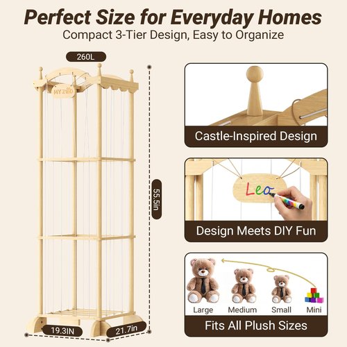 COSYLAND Large Stuffed Animal Storage Organizer for Kids, Wooden Plush Toy Holder with Top Rope Clips, Elastic Cords & Nameplate, Holds 70+ Stuffed Animals for Playroom & Corner