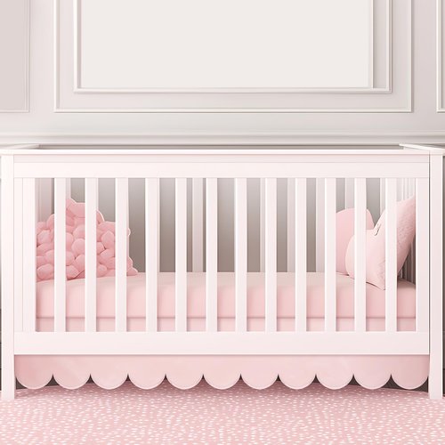 Hahafelt Scalloped Crib Skirt for Baby Girl Nursery, 28"x 52" with 14" Drop, 4-Sided Dust Ruffle, Soft Breathable Fabric, Elegant Nursery Decor, Fits Standard Crib, Pink