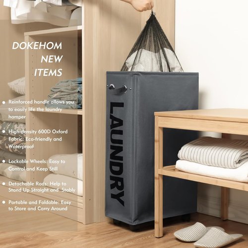 DOKEHOM 29-Inch Slim Rolling Laundry Basket - Collapsible Hamper with Removable Wash Bag | Dark Grey