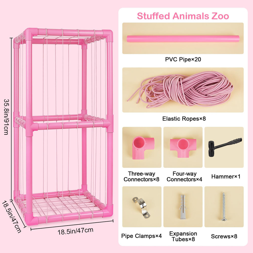Unicorn Castle Stuffed Animals Storage Organizer with Thicken PVC Tubes Elastic Band Space Save Vertical Plushies Storage Stuffed Animals Zoo Cage for Kids,Pink